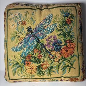 Floral Butterfly/ Dragonfly Tapestry Square Pillow Roped Gold Lining Embroidered